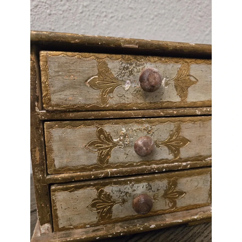 VINTAGE ITALIAN FLORENTINE JEWELRY BOX CHEST 3 DRAWER Gold Cream Pink 6.5